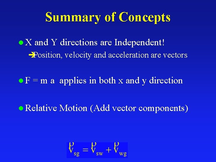 Summary of Concepts l. X and Y directions are Independent! èPosition, velocity and acceleration