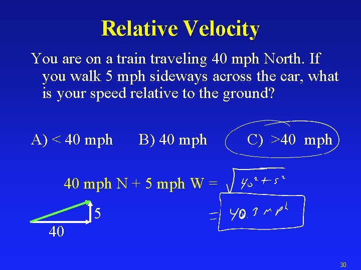 Relative Velocity You are on a train traveling 40 mph North. If you walk