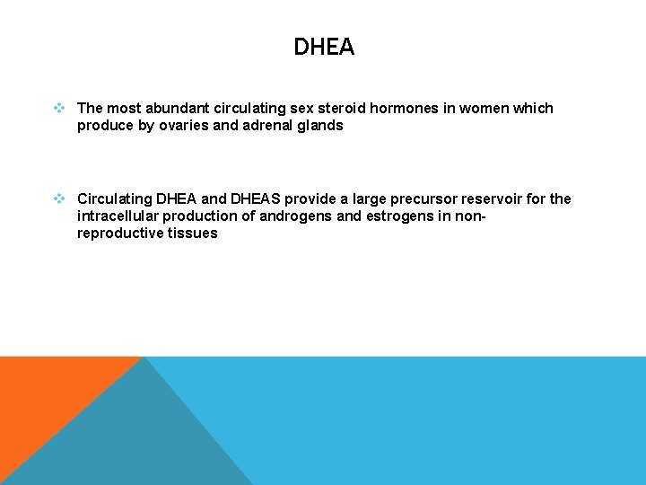 DHEA v The most abundant circulating sex steroid hormones in women which produce by