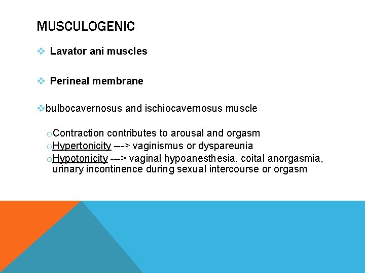 MUSCULOGENIC v Lavator ani muscles v Perineal membrane vbulbocavernosus and ischiocavernosus muscle o Contraction