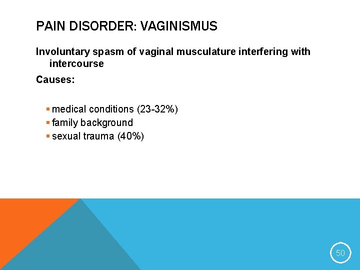 PAIN DISORDER: VAGINISMUS Involuntary spasm of vaginal musculature interfering with intercourse Causes: § medical