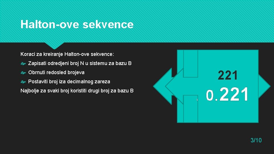 Halton-ove sekvence Koraci za kreiranje Halton-ove sekvence: Zapisati odredjeni broj N u sistemu za