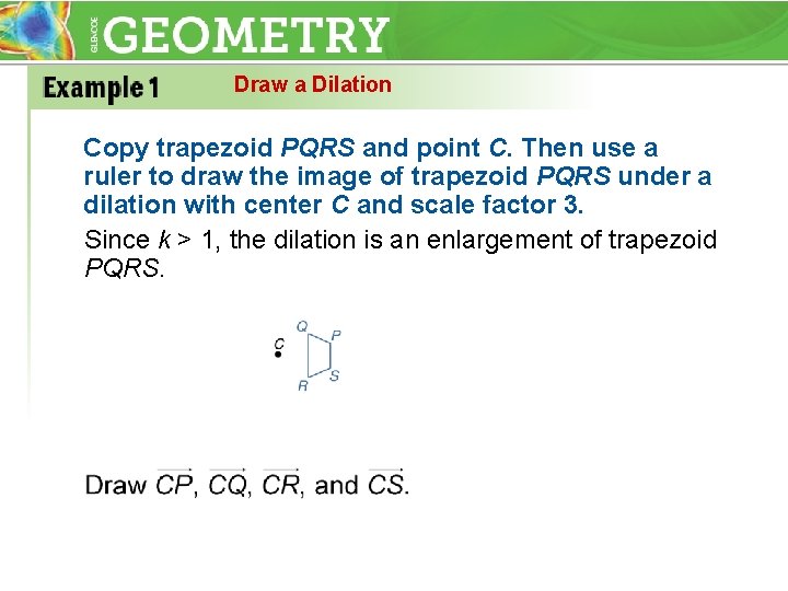 Draw a Dilation Copy trapezoid PQRS and point C. Then use a ruler to