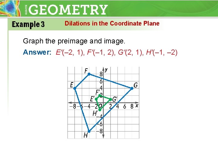 Dilations in the Coordinate Plane Graph the preimage and image. Answer: E'(– 2, 1),