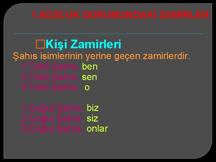 1. SÖZCÜK DURUMUNDAKİ ZAMİRLER �Kişi Zamirleri Şahıs isimlerinin yerine geçen zamirlerdir. 1. Tekil Şahıs: