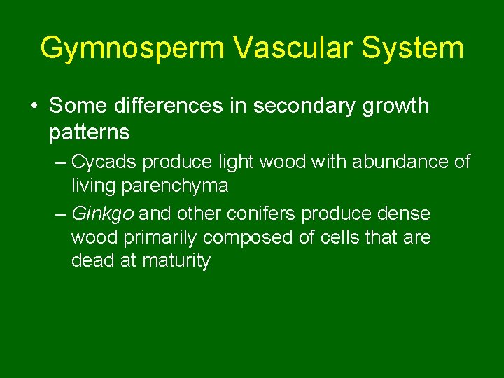 Gymnosperm Vascular System • Some differences in secondary growth patterns – Cycads produce light