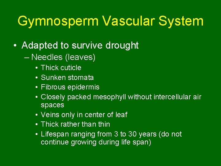 Gymnosperm Vascular System • Adapted to survive drought – Needles (leaves) • • Thick