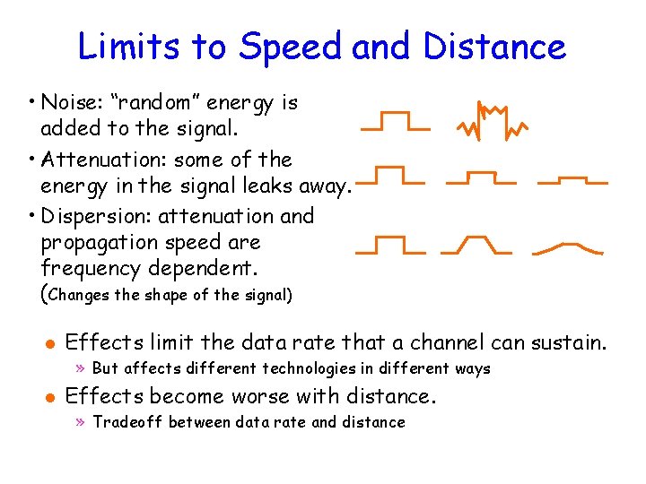 Limits to Speed and Distance • Noise: “random” energy is added to the signal.