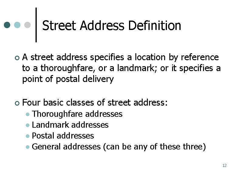 Street Address Definition A street address specifies a location by reference to a thoroughfare,