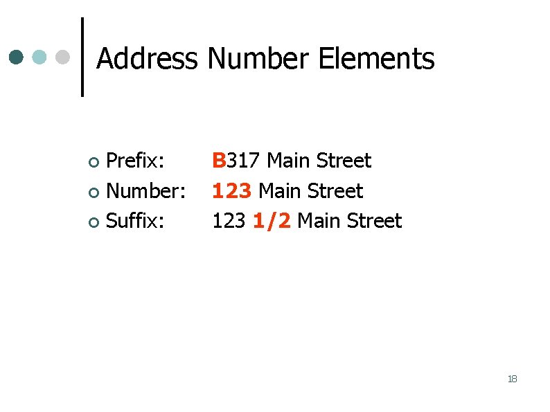 Address Number Elements Prefix: Number: Suffix: B 317 Main Street 123 1/2 Main Street