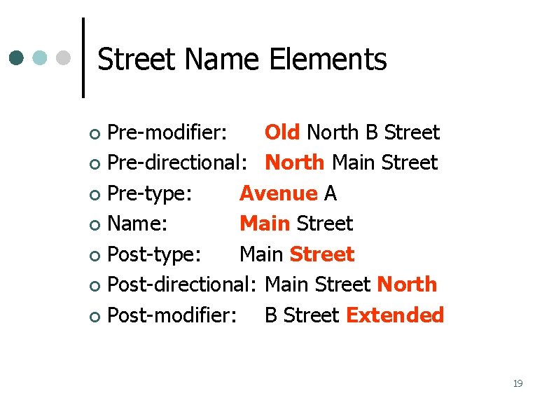 Street Name Elements Pre-modifier: Old North B Street Pre-directional: North Main Street Pre-type: Avenue