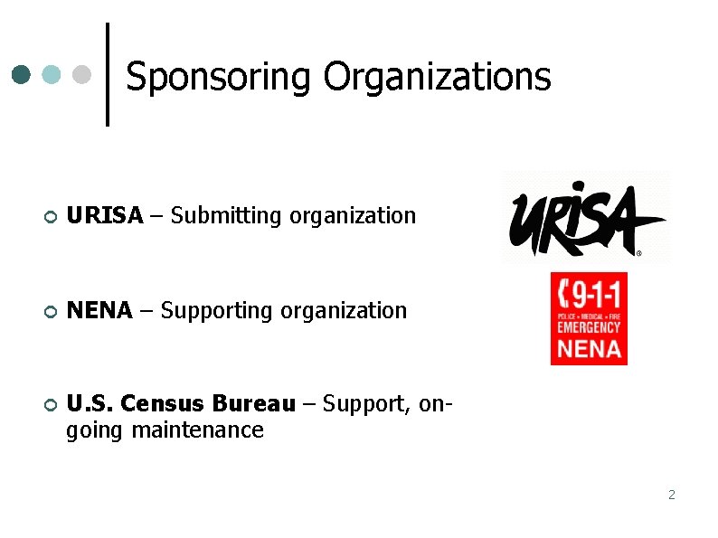 Sponsoring Organizations URISA – Submitting organization NENA – Supporting organization U. S. Census Bureau