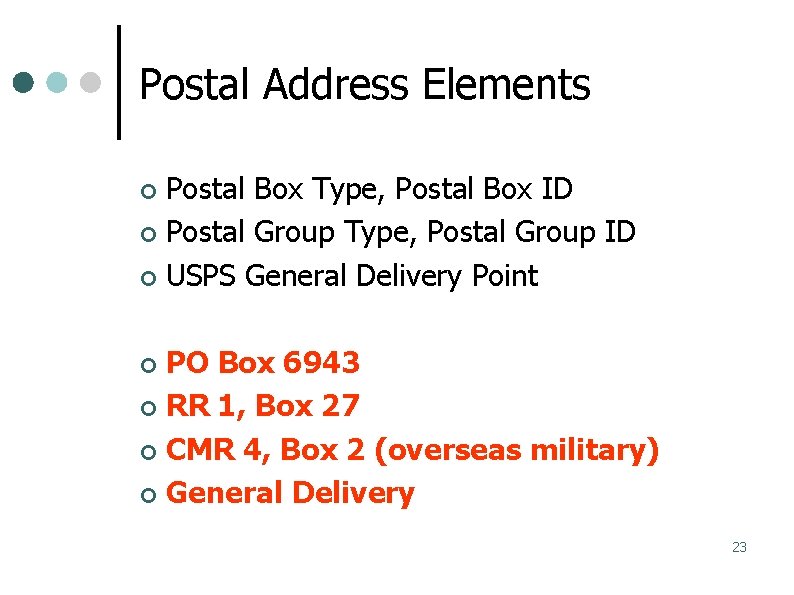 Postal Address Elements Postal Box Type, Postal Box ID Postal Group Type, Postal Group