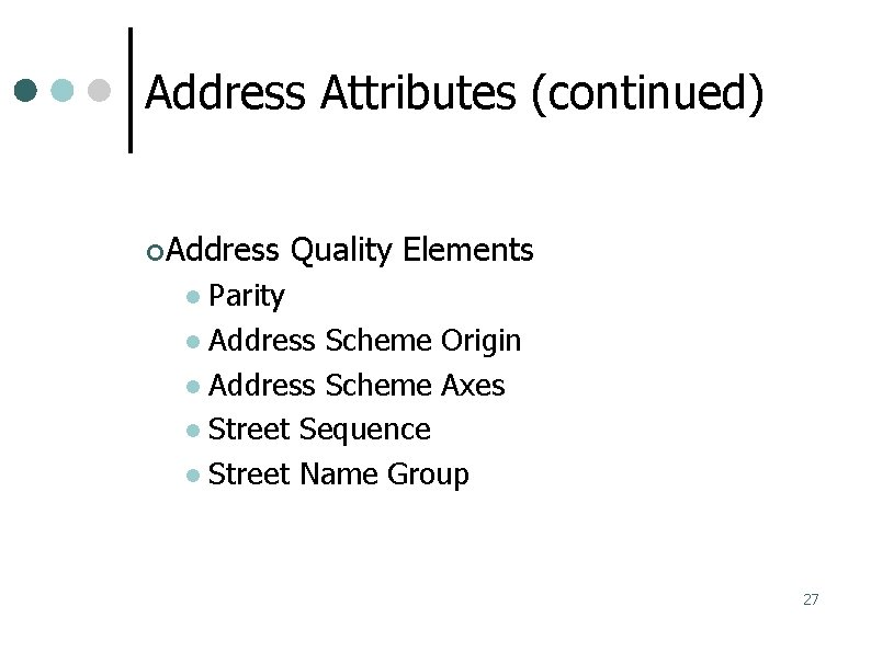 Address Attributes (continued) Address Quality Elements Parity Address Scheme Origin Address Scheme Axes Street