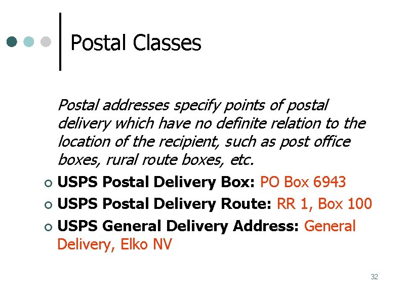 Postal Classes Postal addresses specify points of postal delivery which have no definite relation