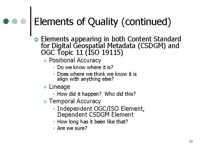 Elements of Quality (continued) Elements appearing in both Content Standard for Digital Geospatial Metadata