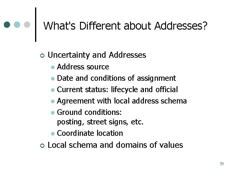 What's Different about Addresses? Uncertainty and Addresses Address source Date and conditions of assignment