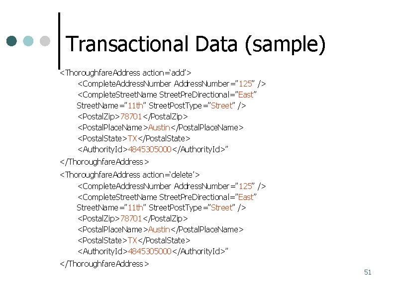 Transactional Data (sample) <Thoroughfare. Address action=‘add’> <Complete. Address. Number=” 125” /> <Complete. Street. Name