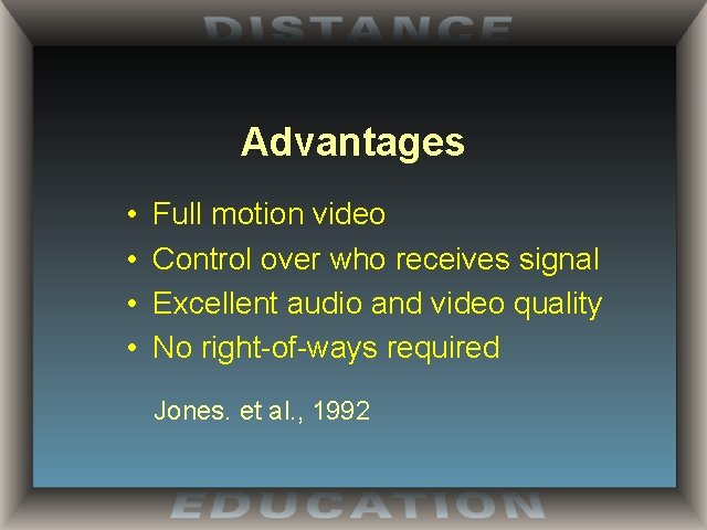 Advantages • • Full motion video Control over who receives signal Excellent audio and