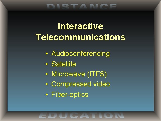 Interactive Telecommunications • • • Audioconferencing Satellite Microwave (ITFS) Compressed video Fiber-optics 