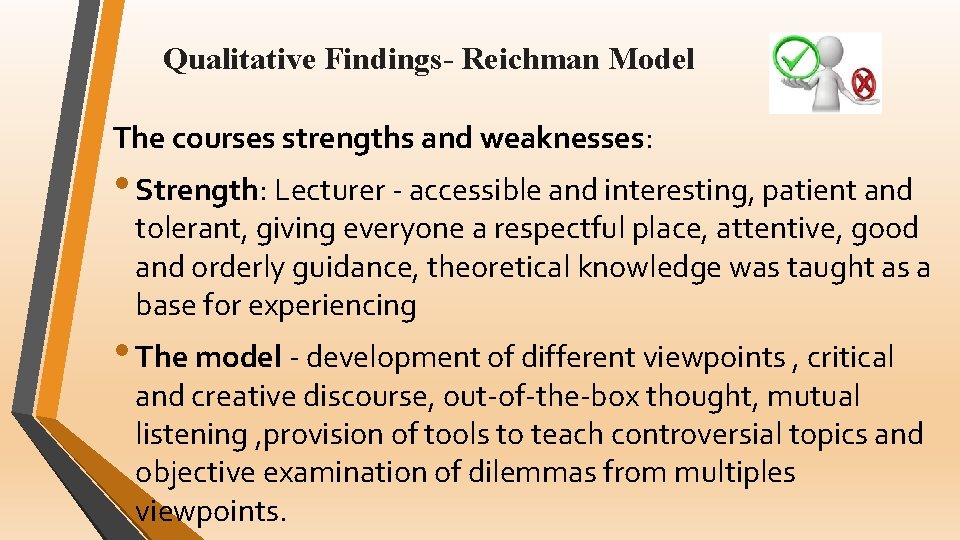 Qualitative Findings- Reichman Model The courses strengths and weaknesses: • Strength: Lecturer - accessible