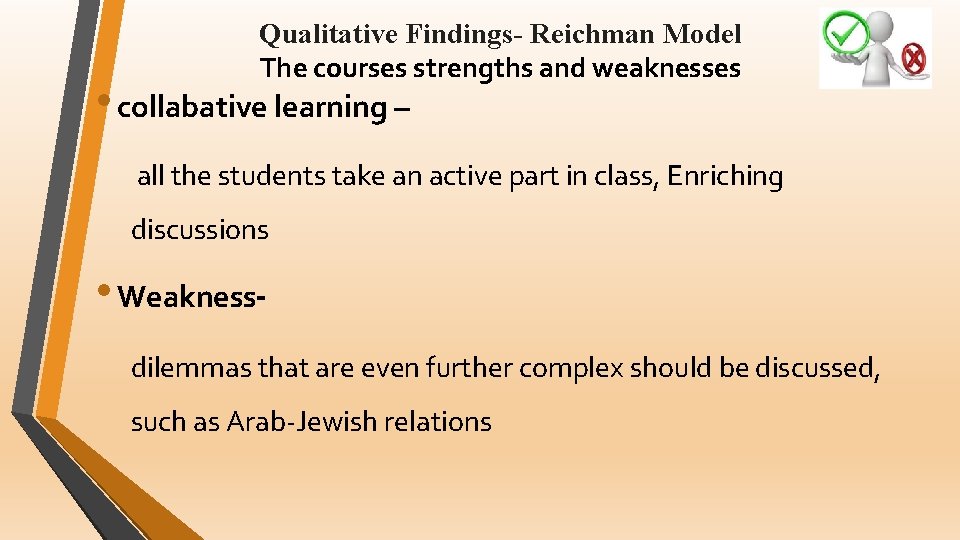 Qualitative Findings- Reichman Model The courses strengths and weaknesses • collabative learning – all