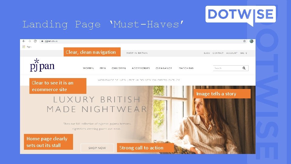 Landing Page ‘Must-Haves’ Clear, clean navigation Clear to see it is an ecommerce site Landing Page ‘Must-Haves’ Clear, clean navigation Clear to see it is an ecommerce site