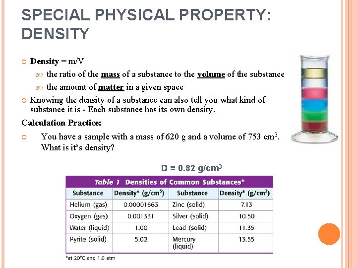 SPECIAL PHYSICAL PROPERTY: DENSITY Density = m/V the ratio of the mass of a