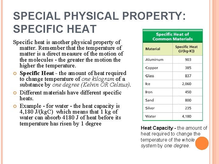 SPECIAL PHYSICAL PROPERTY: SPECIFIC HEAT Specific heat is another physical property of matter. Remember