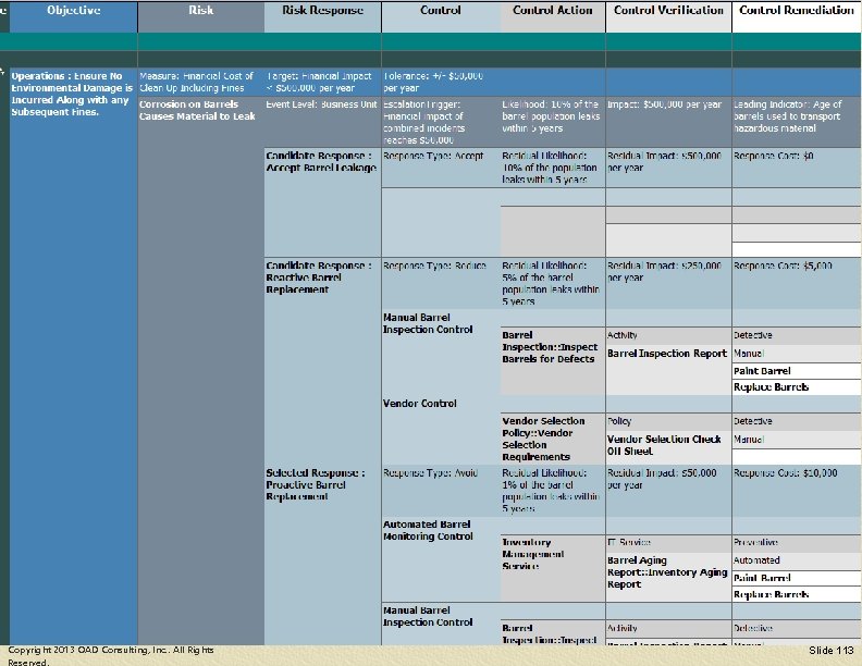 Enterprise Risk Management Example Copyright 2013 OAD Consulting, Inc. . All Rights Slide 113