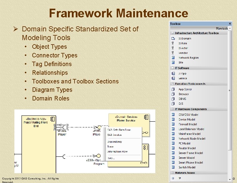 Framework Maintenance Ø Domain Specific Standardized Set of Modeling Tools • • Object Types