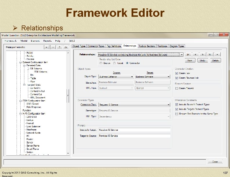 Framework Editor Ø Relationships Copyright 2013 OAD Consulting, Inc. . All Rights 137 