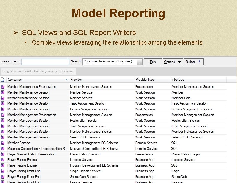 Model Reporting Ø SQL Views and SQL Report Writers • Complex views leveraging the