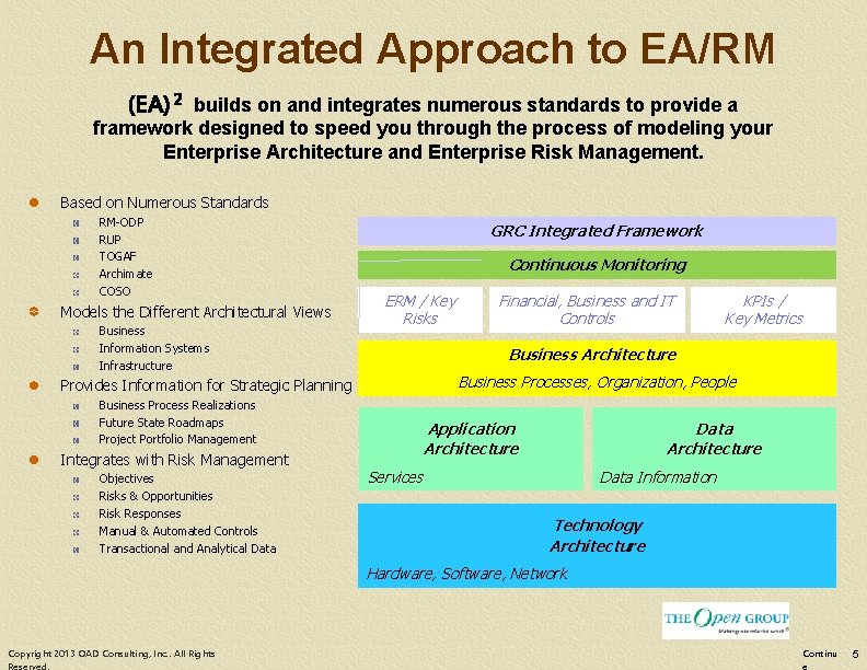 An Integrated Approach to EA/RM (EA) 2 builds on and integrates numerous standards to