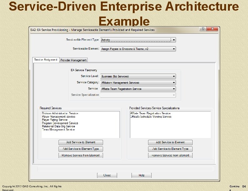 Service-Driven Enterprise Architecture Example Copyright 2013 OAD Consulting, Inc. . All Rights Continu 54