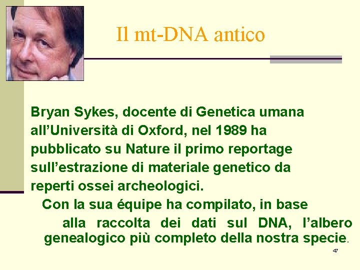 Il mt-DNA antico Bryan Sykes, docente di Genetica umana all’Università di Oxford, nel 1989 Il mt-DNA antico Bryan Sykes, docente di Genetica umana all’Università di Oxford, nel 1989