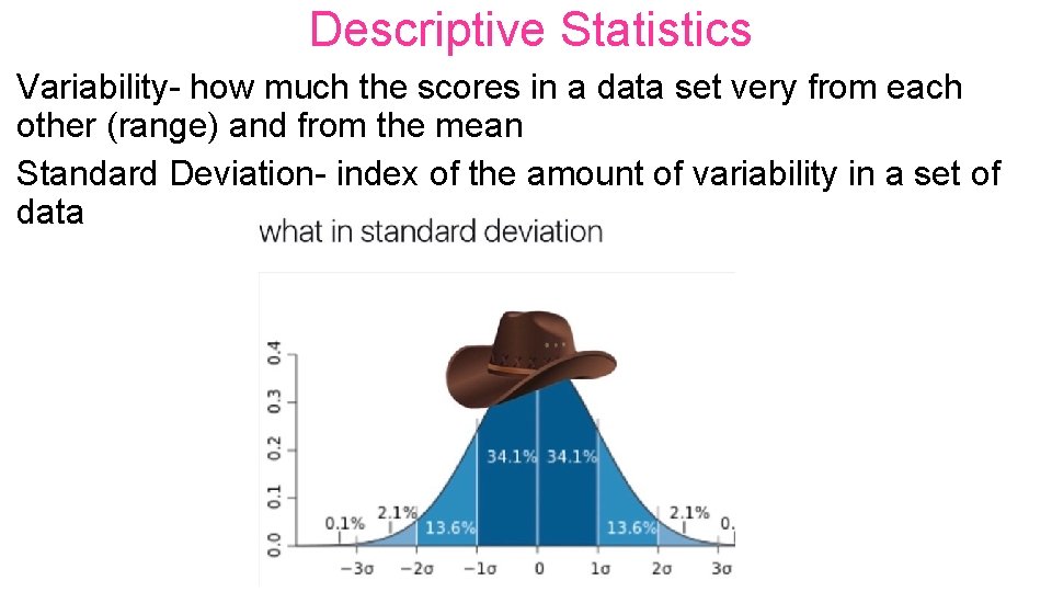 Descriptive Statistics Variability- how much the scores in a data set very from each