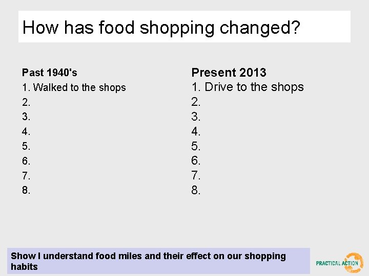 How has food shopping changed? Past 1940's 1. Walked to the shops 2. 3.