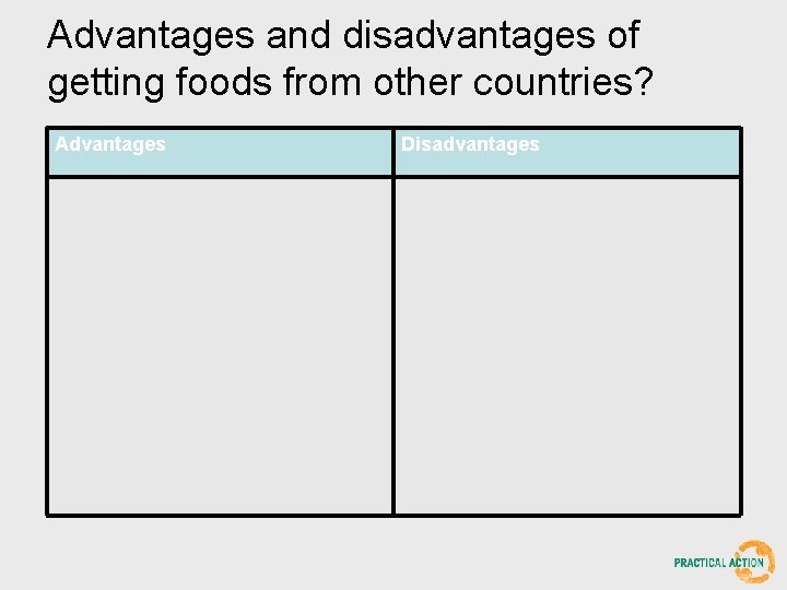 Advantages and disadvantages of getting foods from other countries? Advantages Disadvantages 