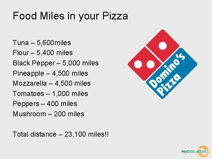 Food Miles in your Pizza Tuna – 5, 600 miles Flour – 5, 400