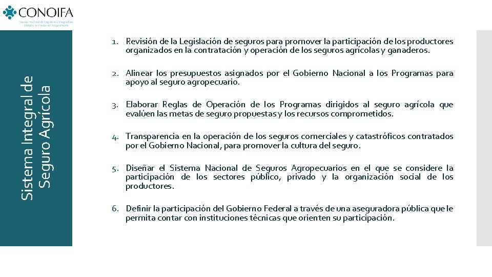 Sistema Integral de Seguro Agrícola 1. Revisión de la Legislación de seguros para promover