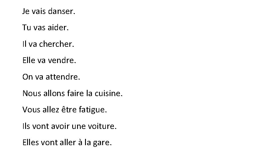 Je vais danser. Tu vas aider. Il va cher. Elle va vendre. On va