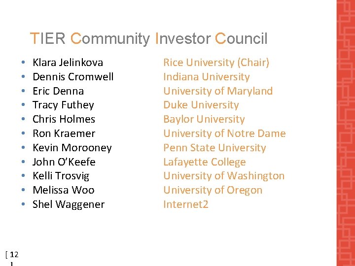 TIER Community Investor Council • • • [ 12 Klara Jelinkova Dennis Cromwell Eric