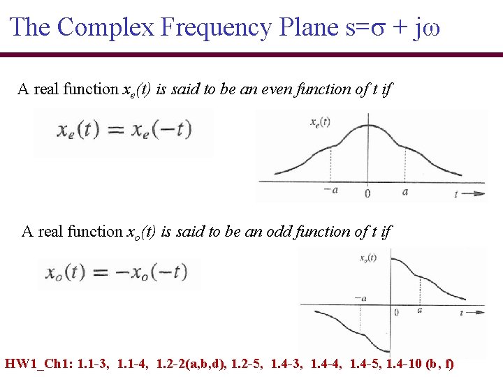 The Complex Frequency Plane s= + jω A real function xe(t) is said to