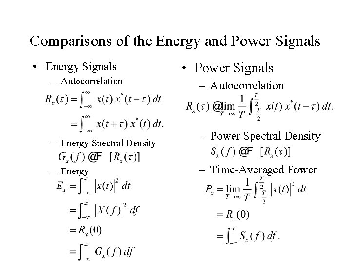 Comparisons of the Energy and Power Signals • Energy Signals – Autocorrelation – Energy