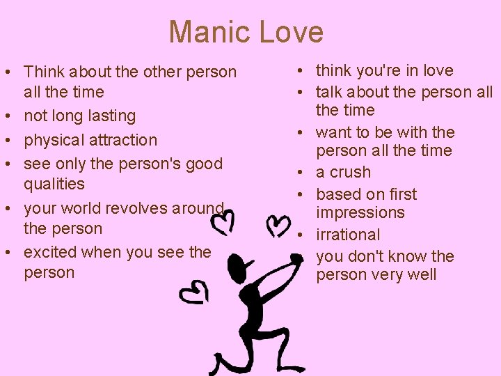 Manic Love • Think about the other person all the time • not long