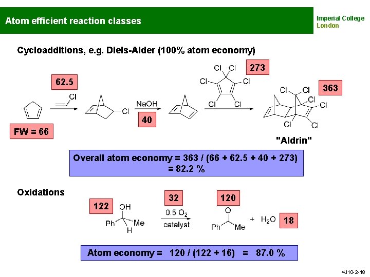 Imperial College London Atom efficient reaction classes Cycloadditions, e. g. Diels-Alder (100% atom economy)