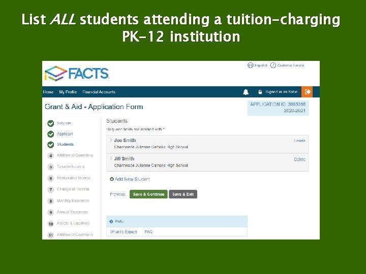 List ALL students attending a tuition-charging PK-12 institution 