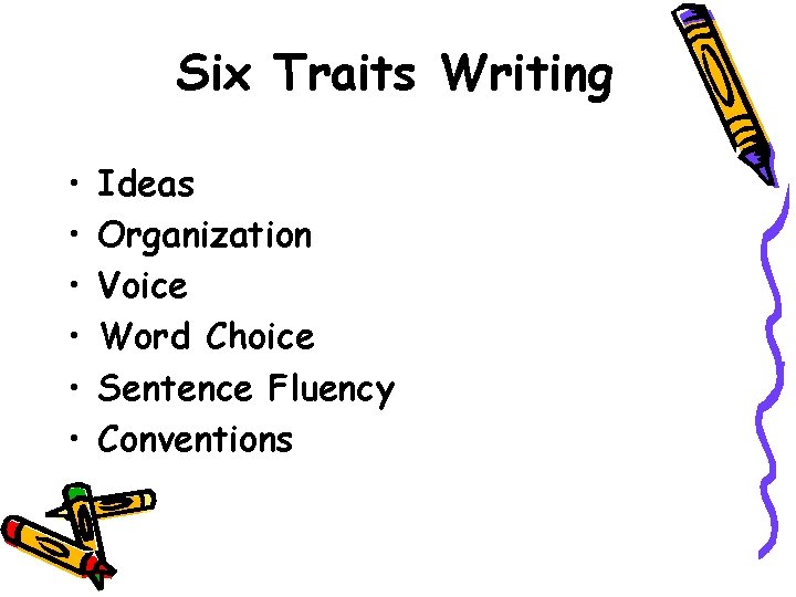 Six Traits Writing • • • Ideas Organization Voice Word Choice Sentence Fluency Conventions Six Traits Writing • • • Ideas Organization Voice Word Choice Sentence Fluency Conventions
