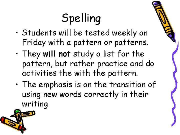 Spelling • Students will be tested weekly on Friday with a pattern or patterns. Spelling • Students will be tested weekly on Friday with a pattern or patterns.
